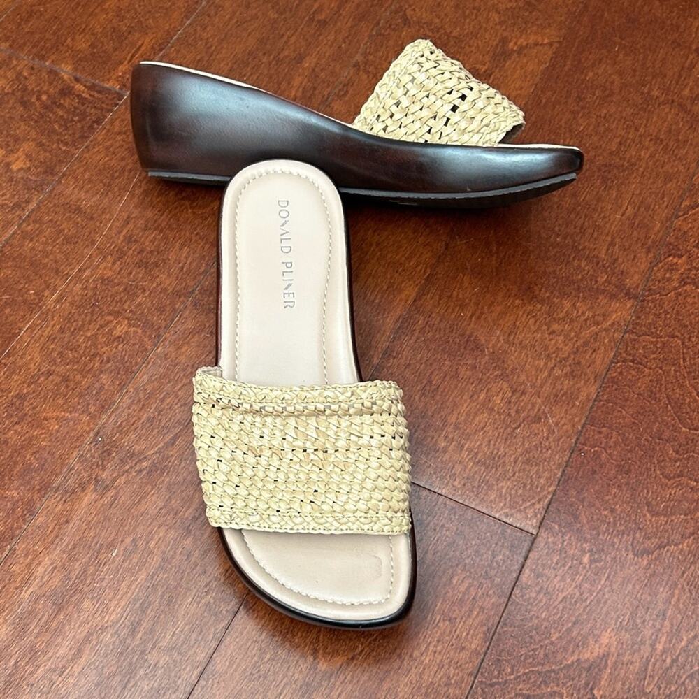 Donald J. Pliner Natural Woven Slide Sandals with Dark Brown Wedge